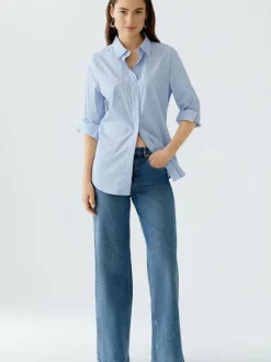 Oui Blusen<Damen Bluse hellblau weiß gestreift