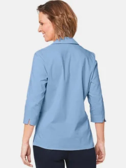 Goldner Blusen<Damen Bluse - Stretchbequeme Bluse mit Baumwolle blau uni