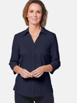 Goldner Blusen<Damen Bluse - Stretchbequeme Bluse mit Baumwolle marine uni