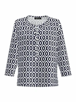 Frank Walder Blusen<Damen Blusenshirt weiß blau gemustert