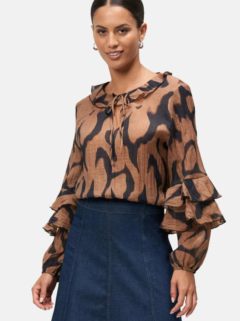 zero Blusen<Damen Crinkle-Bluse schwarz braun gemustert