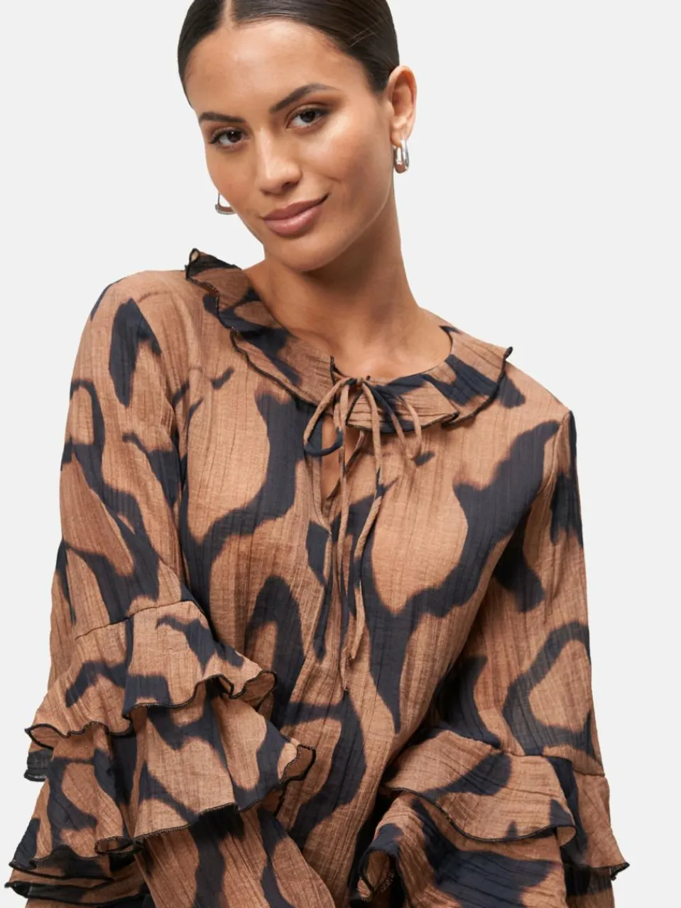 zero Blusen<Damen Crinkle-Bluse schwarz braun gemustert