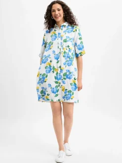 Marie Lund Kleider<Damen Freizeitkleid aus Leinen blau gelb gemustert