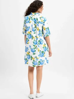 Marie Lund Kleider<Damen Freizeitkleid aus Leinen blau gelb gemustert