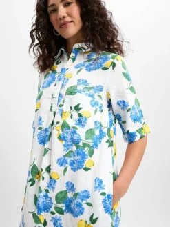 Marie Lund Kleider<Damen Freizeitkleid aus Leinen blau gelb gemustert