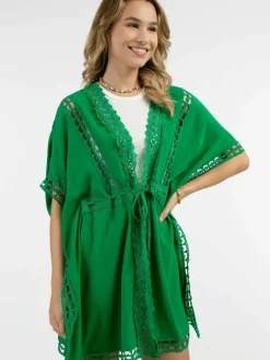 IZIA Pullover & Strickjacken<Damen Kimono mit Lochspitze grün uni