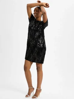 Cartoon Kleider<Damen Kleid mit Pailletten schwarz gemustert