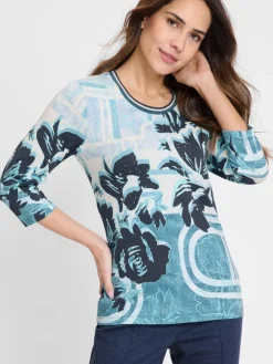 Olsen Shirts & Tops<Damen Langarmshirt - Edda aqua ecru bedruckt