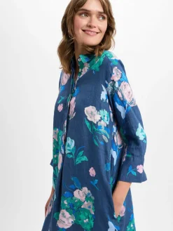 Franco Callegari Kleider<Damen Leinenkleid marine grün gemustert