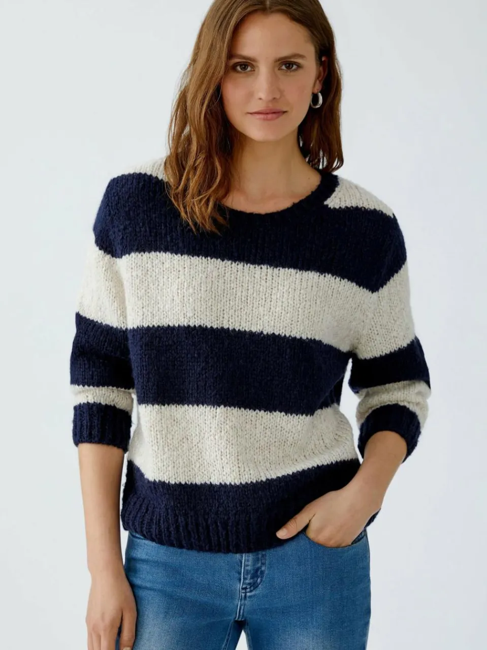 Oui Pullover & Strickjacken<Damen Pullover blau ecru gestreift