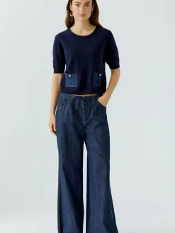 Oui Pullover & Strickjacken<Damen Pullover blau uni