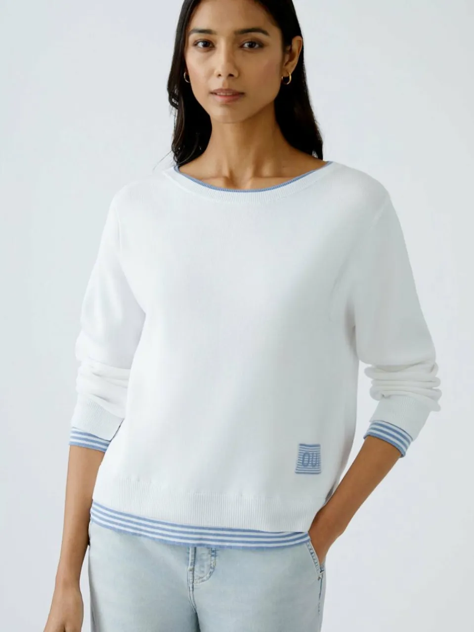 Oui Pullover & Strickjacken<Damen Pullover weiß blau uni