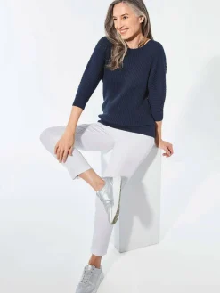 Goldner Pullover & Strickjacken<Damen Pullover - Baumwollmix mit Fledermausärmeln und Rippstruktur marine uni