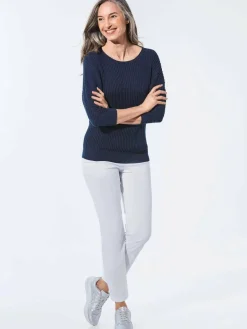 Goldner Pullover & Strickjacken<Damen Pullover - Baumwollmix mit Fledermausärmeln und Rippstruktur marine uni