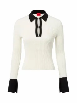 HUGO Pullover & Strickjacken<Damen Rippstrickpullover - Sharro ecru schwarz uni