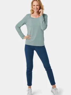 Goldner Sweatshirts & Sweatjacken<Damen Shirt - Kombistarkes Langarmshirt mit tonaler Zierkante grün uni