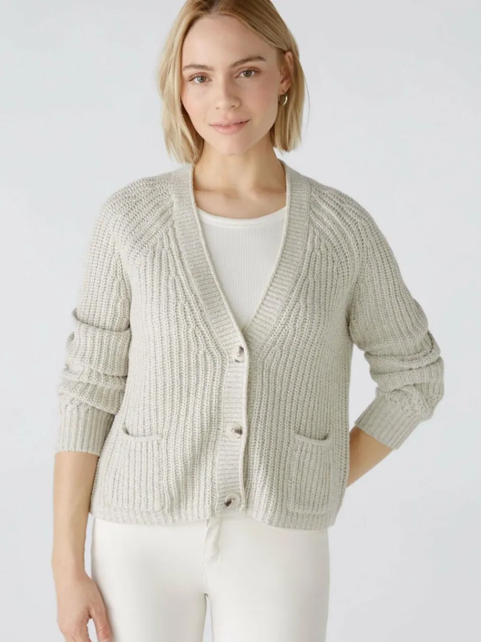 Oui Pullover & Strickjacken<Damen Strickjacke beige weiß uni