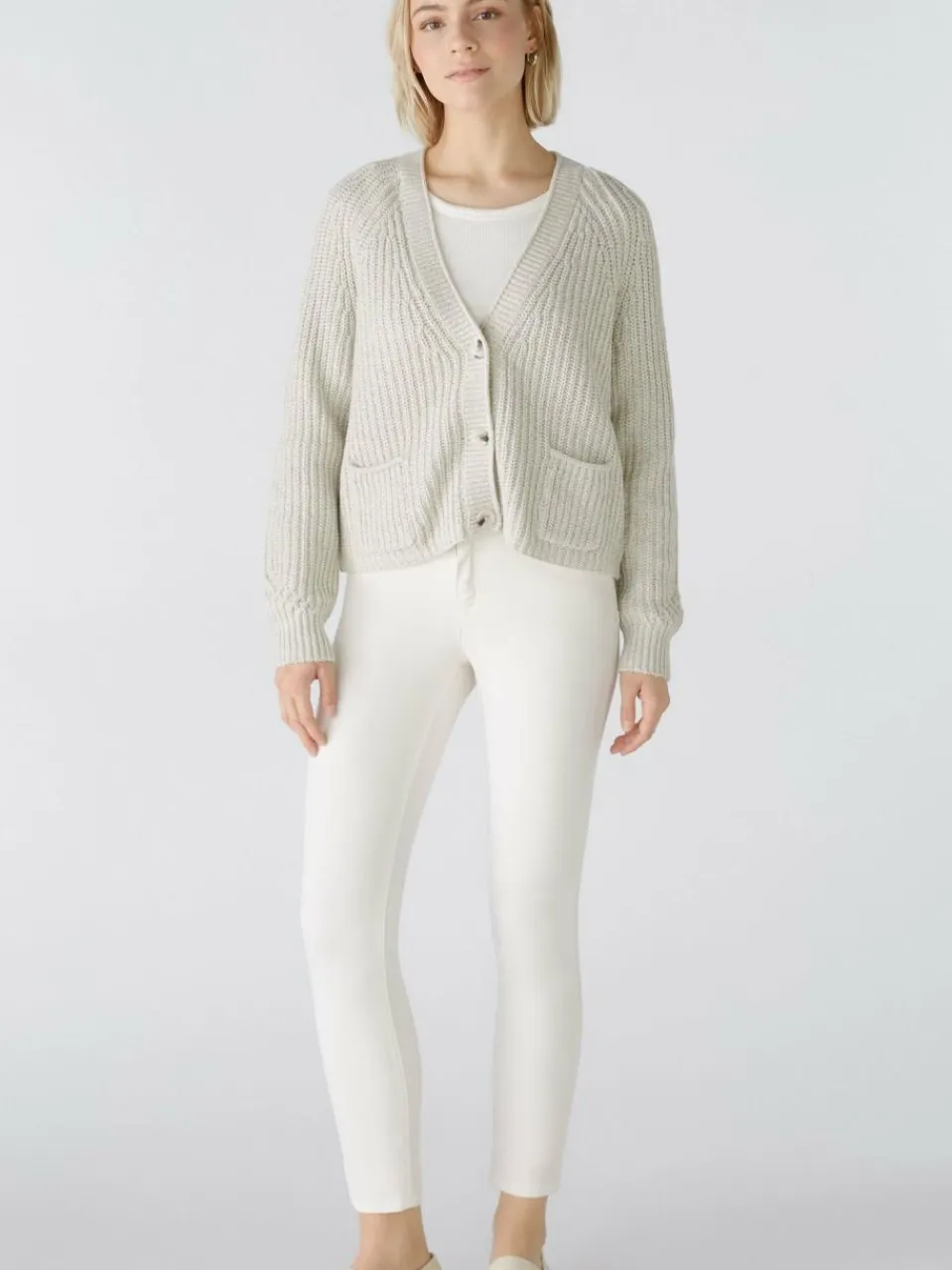 Oui Pullover & Strickjacken<Damen Strickjacke beige weiß uni