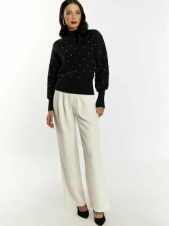 Faina Pullover & Strickjacken<Damen Strickpullover mit Perlen schwarz uni