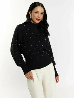 Faina Pullover & Strickjacken<Damen Strickpullover mit Perlen schwarz uni