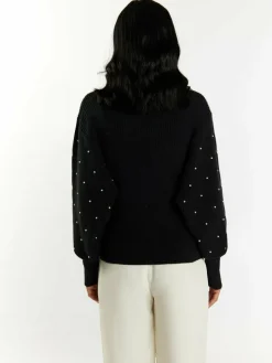 Faina Pullover & Strickjacken<Damen Strickpullover mit Perlen schwarz uni