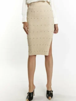 Faina Röcke<Damen Strickrock mit Strass-Steinen beige uni