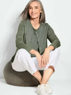 Goldner Pullover & Strickjacken<Damen Strickset - Figurnahes Twin-Set aus Pima-Baumwolle khaki uni