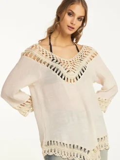 IZIA Blusen<Damen Tunika mit Häkelpart weiß uni