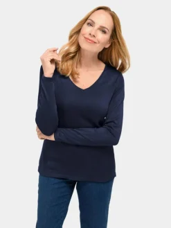 Goldner Pullover & Strickjacken<Damen V-Pullover - Unkomplizierter Pullover mit V-Ausschnitt blau uni