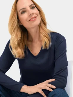 Goldner Pullover & Strickjacken<Damen V-Pullover - Unkomplizierter Pullover mit V-Ausschnitt blau uni