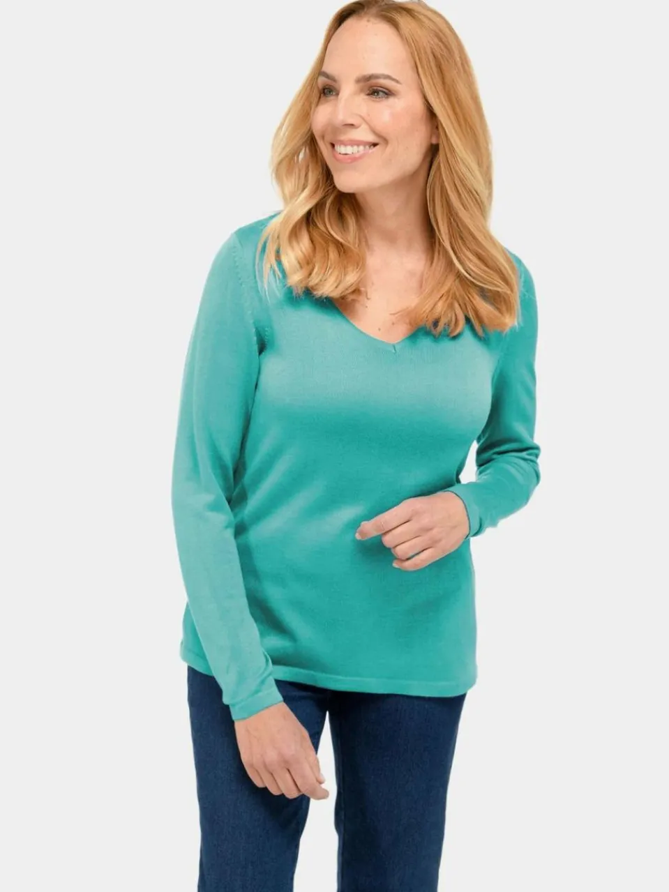 Goldner Pullover & Strickjacken<Damen V-Pullover - Unkomplizierter Pullover mit V-Ausschnitt smaragd uni