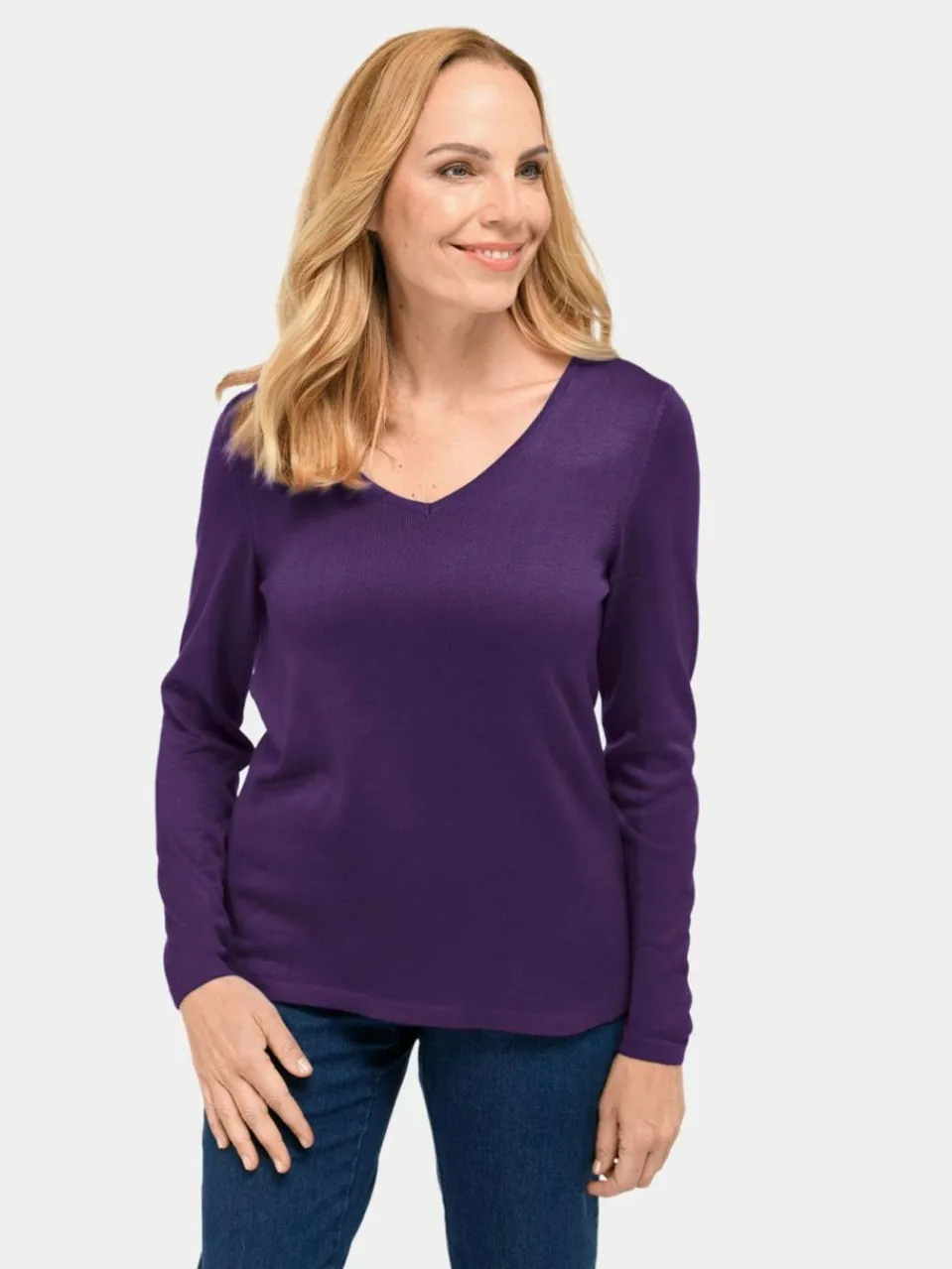 Goldner Pullover & Strickjacken<Damen V-Pullover - Unkomplizierter Pullover mit V-Ausschnitt lila uni