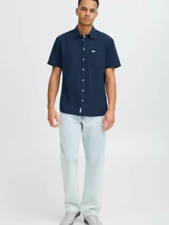 BLEND Hemden<Herren Kurzarmhemd - BHALKE blau strukturiert